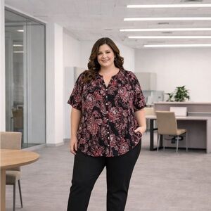 Roaman’s 22W Black Paisley Button-Front Blouse | Plus Size Business Casual Top